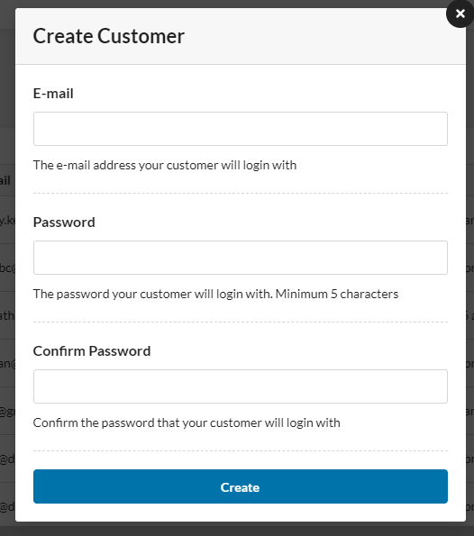 Create Customer button in dashboard